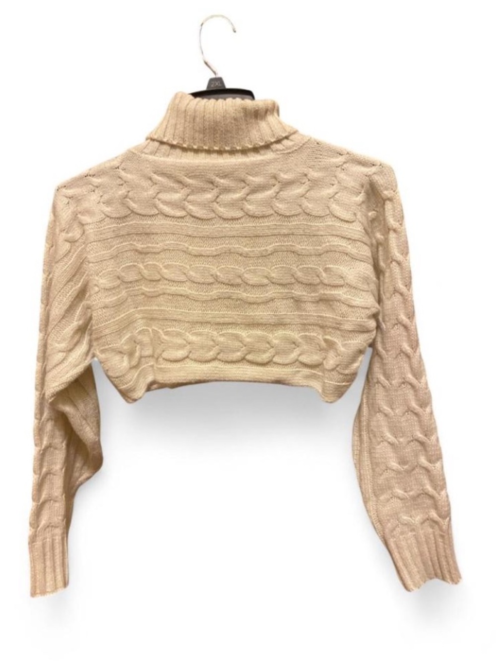 Long Sleeve Ribbed Cable Knit Turtleneck Crop Top Sweater - Off White